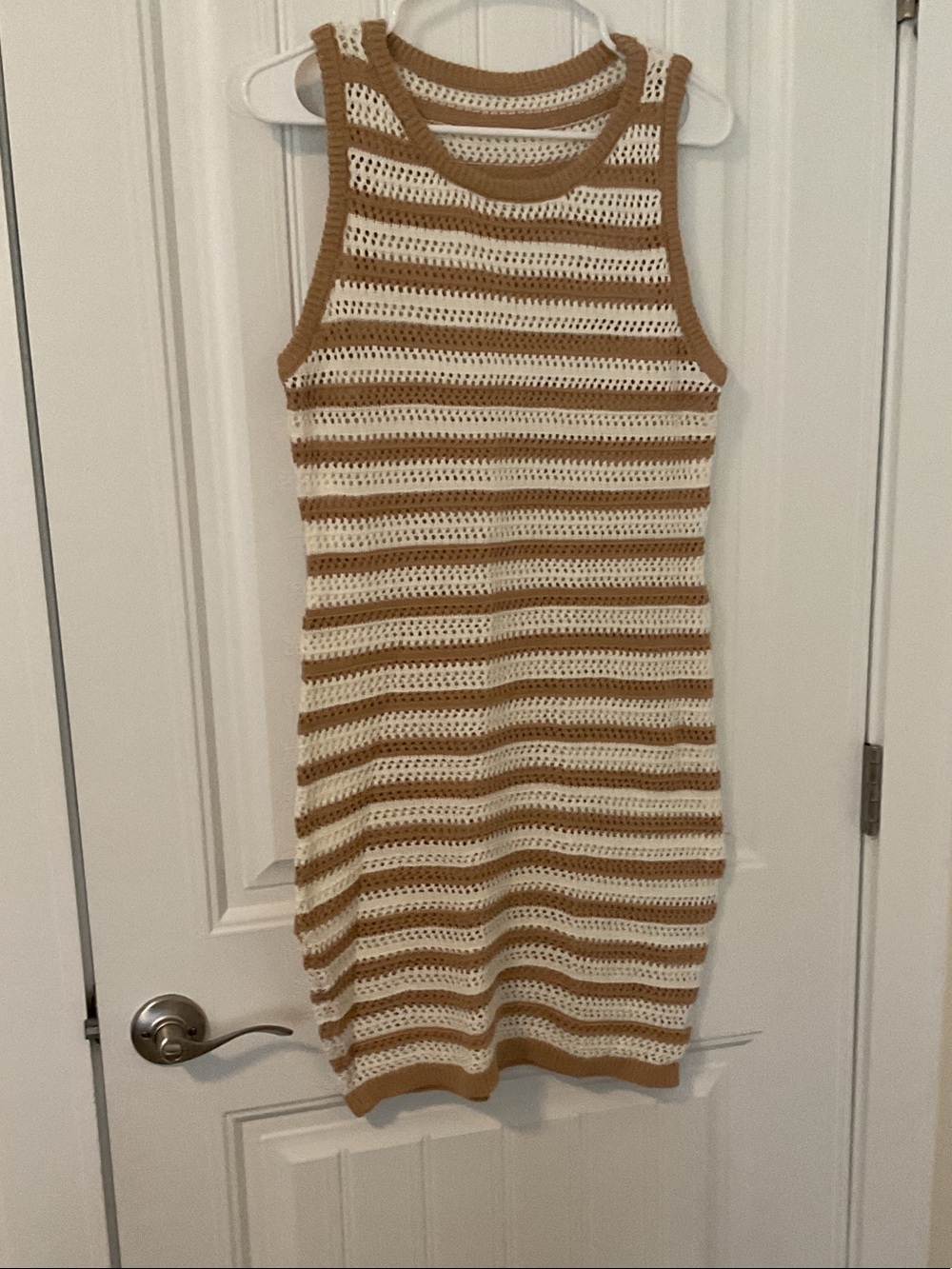 Striped Crochet Knit Tank Dress - White & Camel